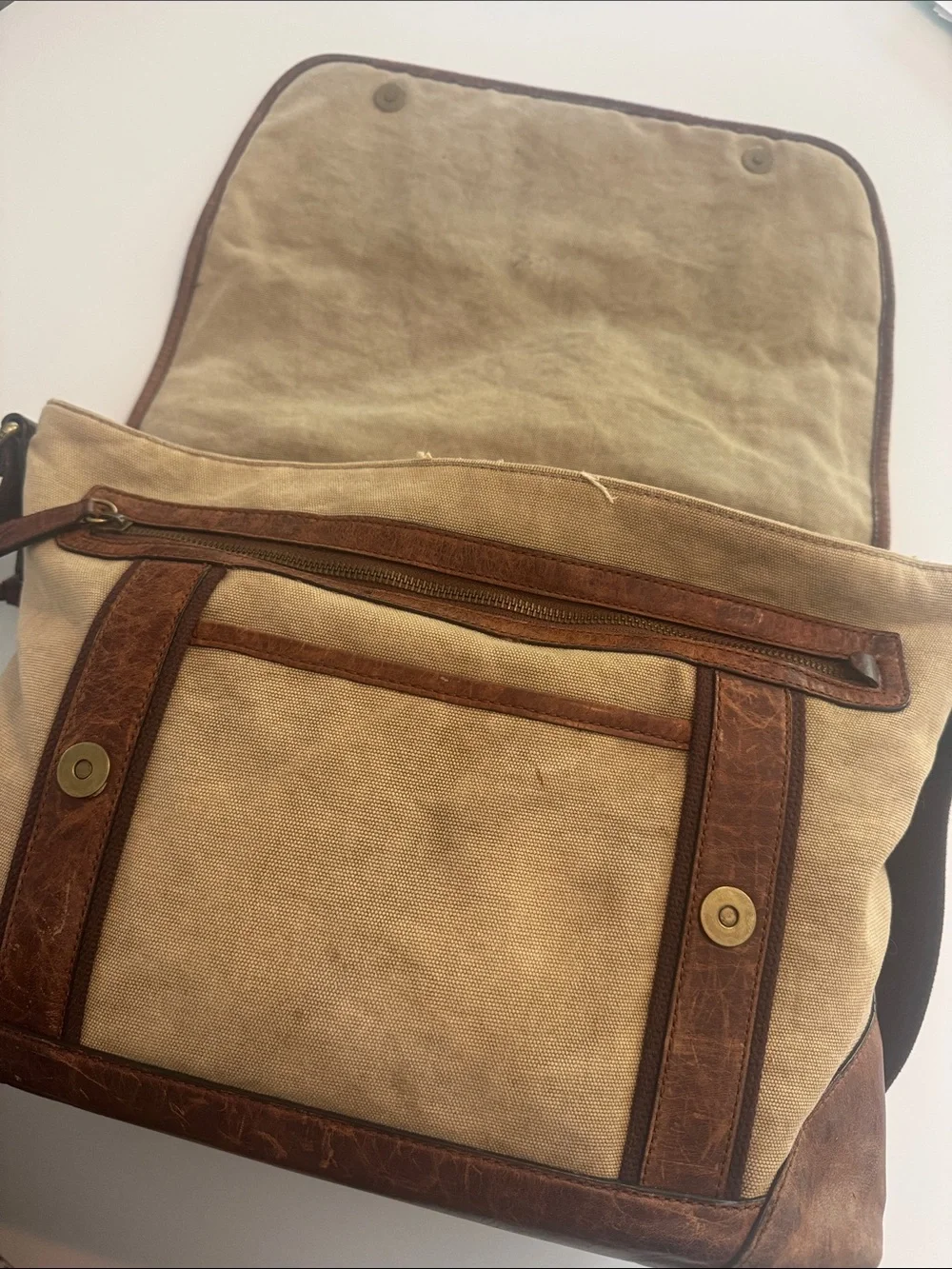 Frye Tan Canvas and Brown Leather Messenger Bag